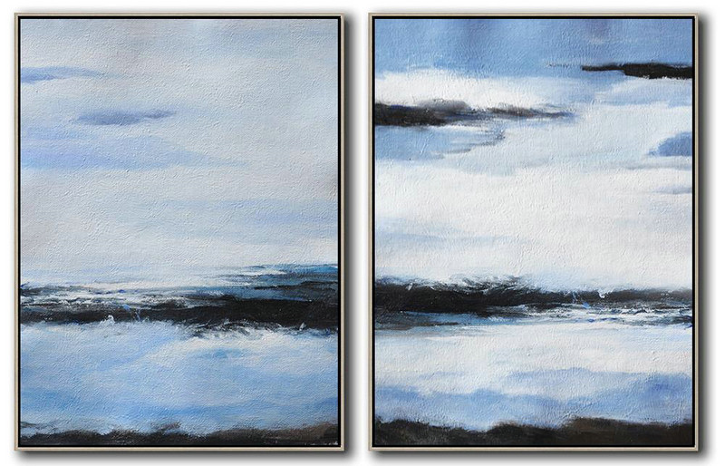 Set Of 2 Abstract Painting On Canvas,Hand Painted Original Art,Blue,White,Black